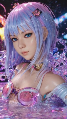 1girl,solo,breasts,looking at viewer,smile,short hair,bangs,blue eyes,hair ornament,cleavage,bare shoulders,closed mouth,blue hair,upper body,small breasts,choker,hairclip,shiny,water,lips,wet,shiny skin,eyelashes,gem,partially submerged,pink lips,realistic,nose,collarbone,pink hair,purple hair,sidelocks,multicolored hair,artist name,blurry,shiny hair,petals,gradient hair,makeup,eyeshadow,science fiction,water drop,eyeliner,cable,cyborg,mascara,cyberpunk