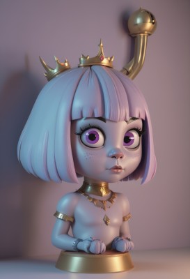 1girl,solo,breasts,looking at viewer,short hair,bangs,jewelry,closed mouth,blue hair,purple eyes,upper body,pink hair,multicolored hair,small breasts,choker,artist name,blunt bangs,necklace,collar,bracelet,two-tone hair,lips,loli,makeup,colored skin,bob cut,crown,armlet,freckles,blue skin,no nipples,nipples,white hair,nude,flat chest,eyelashes,nose,female child,neck ring