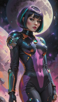 1girl,solo,breasts,looking at viewer,short hair,bangs,black hair,gloves,brown eyes,medium breasts,standing,multicolored hair,cowboy shot,parted lips,sky,teeth,black gloves,artist name,blunt bangs,fingerless gloves,two-tone hair,lips,streaked hair,bodysuit,covered navel,makeup,watermark,moon,bob cut,star (sky),skin tight,full moon,starry sky,science fiction,realistic,nose,arms at sides,black bodysuit,purple bodysuit,outdoors,armor,night,night sky,backlighting