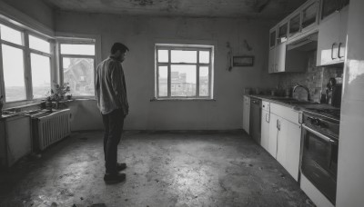 solo,short hair,long sleeves,1boy,standing,jacket,monochrome,greyscale,male focus,shoes,pants,indoors,from behind,window,plant,scenery,door,potted plant,wide shot,kitchen,horror (theme),sink,cabinet,mirror,bathroom,faucet