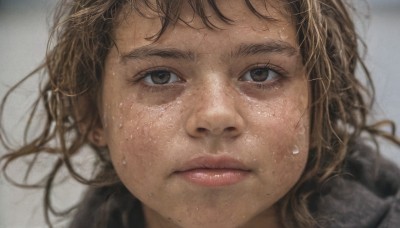 1girl,solo,looking at viewer,brown hair,brown eyes,closed mouth,sweat,mole,blurry,lips,wet,depth of field,blurry background,messy hair,portrait,close-up,freckles,realistic,nose,mole on cheek,long hair,bangs,eyelashes,wet hair,dirty,dirty face