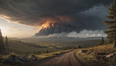 outdoors,sky,day,artist name,cloud,signature,tree,no humans,watermark,cloudy sky,grass,fire,nature,scenery,forest,smoke,sunset,rock,mountain,road,landscape,burning