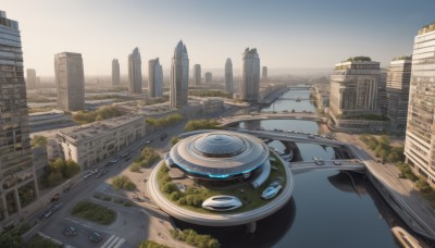 outdoors,sky,day,cloud,water,tree,no humans,ground vehicle,building,scenery,motor vehicle,science fiction,city,car,road,cityscape,ruins,bridge,river,skyscraper,aircraft,watercraft,vehicle focus