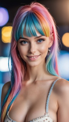 1girl,solo,long hair,breasts,looking at viewer,smile,bangs,blue eyes,large breasts,cleavage,bare shoulders,jewelry,medium breasts,underwear,blue hair,collarbone,upper body,pink hair,multicolored hair,earrings,teeth,bra,mole,grin,blurry,two-tone hair,lips,eyelashes,aqua hair,makeup,depth of field,blurry background,freckles,white bra,mole on breast,realistic,nose,bokeh,mascara,rainbow hair,blonde hair,artist name,orange hair,gradient hair,watermark