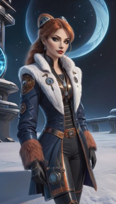 1girl,solo,long hair,looking at viewer,smile,brown hair,hair ornament,gloves,long sleeves,brown eyes,jewelry,standing,ponytail,earrings,open clothes,sky,black gloves,belt,pants,necklace,lips,coat,fur trim,makeup,night,black pants,moon,ring,lipstick,star (sky),snow,eyeshadow,starry sky,freckles,nose,winter clothes,red lips,eyeliner,space,breasts,closed mouth,cowboy shot,outdoors,artist name,hair bun,single hair bun,night sky,science fiction,realistic,planet,blue coat,earth (planet)