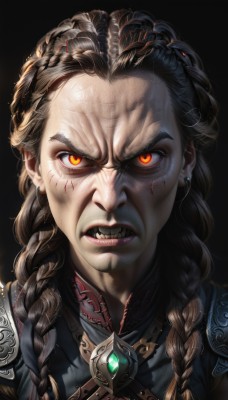 1girl,solo,long hair,looking at viewer,open mouth,bangs,simple background,brown hair,black hair,red eyes,jewelry,braid,multicolored hair,earrings,teeth,armor,twin braids,lips,orange eyes,blood,glowing,scar,black background,clenched teeth,shoulder armor,gem,portrait,glowing eyes,angry,injury,blood on face,parted lips,fangs,facial mark,realistic,dark background,multiple braids