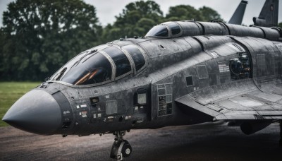 outdoors,cloud,tree,military,no humans,forest,flying,science fiction,realistic,aircraft,military vehicle,airplane,vehicle focus,jet,missile,fighter jet,pilot,sky,day,blurry,helmet,pilot suit,cockpit