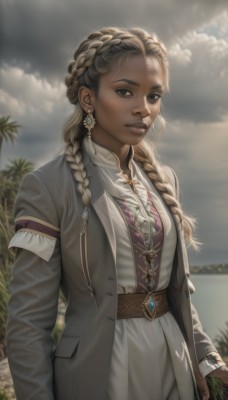 1girl,solo,long hair,breasts,looking at viewer,blonde hair,brown hair,shirt,long sleeves,dress,brown eyes,jewelry,standing,jacket,upper body,braid,cowboy shot,earrings,outdoors,parted lips,open clothes,sky,day,belt,artist name,cloud,dark skin,necklace,blurry,twin braids,dark-skinned female,tree,lips,coat,depth of field,blurry background,formal,sunlight,cloudy sky,gem,forehead,freckles,realistic,grey jacket,nose,crown braid,grey coat,multiple braids,teeth,white dress,thick eyebrows