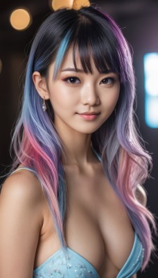 1girl,solo,long hair,breasts,looking at viewer,smile,bangs,black hair,cleavage,bare shoulders,brown eyes,jewelry,medium breasts,closed mouth,blue hair,collarbone,swimsuit,upper body,pink hair,bikini,multicolored hair,earrings,blurry,black eyes,two-tone hair,lips,eyelashes,blurry background,blue bikini,freckles,realistic,nose,large breasts,underwear,artist name,bra,streaked hair,gradient hair,makeup,blue bra