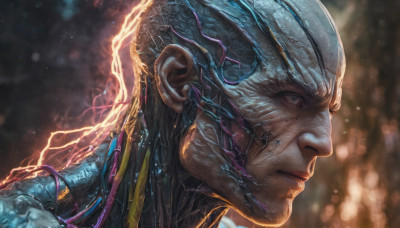 solo, 1boy, closed mouth, male focus, blurry, from side, profile, blurry background, portrait, science fiction, realistic, nose, electricity, alien