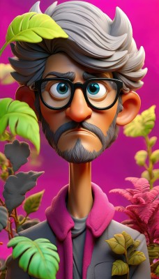 solo,looking at viewer,short hair,blue eyes,shirt,1boy,closed mouth,green eyes,jacket,upper body,grey hair,male focus,glasses,facial hair,leaf,thick eyebrows,plant,beard,purple background,black-framed eyewear,bespectacled,grey jacket,mustache,old,old man,white hair,collared shirt,artist name,blurry,gradient,depth of field,frown,watermark,pink background,portrait,web address,pink shirt,serious,realistic