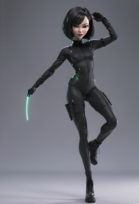 1girl,solo,breasts,looking at viewer,smile,short hair,bangs,black hair,gloves,holding,closed mouth,green eyes,standing,full body,weapon,small breasts,boots,black gloves,medium hair,grey background,black footwear,holding weapon,arm up,lips,bodysuit,makeup,glowing,bob cut,standing on one leg,knife,skin tight,science fiction,black bodysuit,holster,animification,thigh holster,simple background,signature,swept bangs,thigh pouch