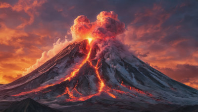 outdoors, sky, cloud, no humans, cloudy sky, fire, scenery, mountain, molten rock