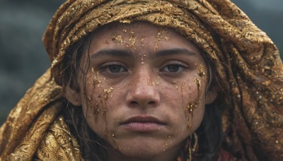 1girl,solo,long hair,looking at viewer,brown hair,black hair,1boy,brown eyes,closed mouth,male focus,parted lips,teeth,blurry,black eyes,lips,grey eyes,depth of field,blurry background,portrait,freckles,realistic,nose,dirty,gold,dirty face,jewelry,earrings,close-up