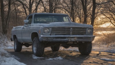 outdoors,tree,no humans,ground vehicle,nature,scenery,motor vehicle,snow,forest,realistic,car,road,winter,vehicle focus,bare tree,wheel,truck,tire,artist name,signature,shadow,sunset,evening