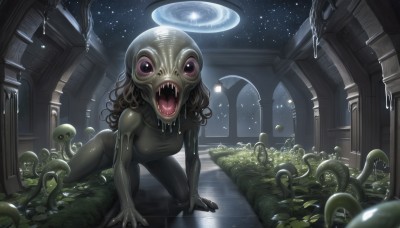 1girl,solo,long hair,breasts,looking at viewer,open mouth,brown hair,medium breasts,sky,teeth,tongue,indoors,blurry,saliva,bodysuit,night,colored skin,fangs,halo,plant,sharp teeth,monster girl,all fours,star (sky),skin tight,tentacles,starry sky,monster,black bodysuit,green skin,slime (substance),alien,black hair,nude,black eyes,night sky,colored sclera,curly hair,fantasy,pillar,black skin