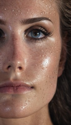 1girl,solo,long hair,looking at viewer,blue eyes,brown hair,black hair,1boy,brown eyes,closed mouth,male focus,shiny,lips,wet,eyelashes,portrait,close-up,freckles,realistic,nose,eye focus