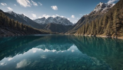 outdoors,sky,day,cloud,water,tree,blue sky,no humans,cloudy sky,nature,scenery,forest,reflection,mountain,fantasy,river,landscape,mountainous horizon,lake