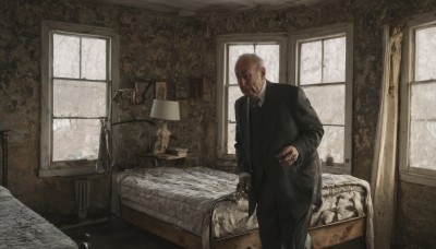 solo,shirt,long sleeves,1boy,standing,jacket,white shirt,male focus,necktie,collared shirt,pants,indoors,black jacket,window,blood,bed,facial hair,on bed,chair,black pants,formal,table,suit,black necktie,lamp,bald,bedroom,old,old man,black suit,pillow,picture frame,painting (object),horror (theme),corpse