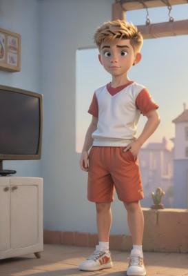 solo,looking at viewer,smile,short hair,blonde hair,brown hair,shirt,1boy,brown eyes,jewelry,closed mouth,standing,full body,white shirt,short sleeves,male focus,earrings,outdoors,shoes,shorts,socks,indoors,blurry background,piercing,white socks,t-shirt,sneakers,ear piercing,child,hand in pocket,hands in pockets,male child,red shorts,television,day,spiked hair