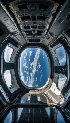 sky,cloud,signature,no humans,window,scenery,reflection,science fiction,space,planet,earth (planet),spacecraft,spacesuit,cockpit,star (sky),realistic,cable,astronaut