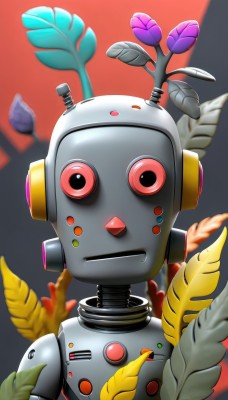 solo,looking at viewer,red eyes,closed mouth,upper body,flower,blurry,no humans,blurry background,leaf,feathers,plant,robot,portrait,mecha,purple flower,antennae,straight-on,humanoid robot,grey background,red background,science fiction,animal focus