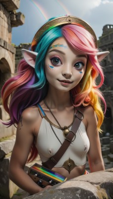 1girl,solo,long hair,breasts,looking at viewer,smile,blonde hair,bare shoulders,brown eyes,jewelry,blue hair,collarbone,upper body,pink hair,purple hair,multicolored hair,hairband,small breasts,outdoors,parted lips,sky,sleeveless,day,pointy ears,midriff,belt,artist name,cloud,necklace,blurry,two-tone hair,blue sky,lips,crop top,book,eyelashes,tattoo,gradient hair,makeup,depth of field,swept bangs,facial mark,lipstick,web address,eyeshadow,freckles,open book,nose,facepaint,strap,rainbow,mascara,rainbow hair,hat,green hair,aqua hair