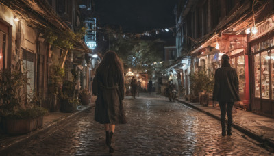 1girl, long hair, brown hair, 1boy, outdoors, sky, from behind, night, plant, ground vehicle, building, scenery, walking, city, sign, road, lamppost, street, vanishing point