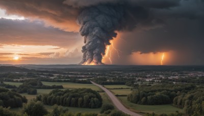 outdoors,sky,cloud,water,tree,no humans,ocean,cloudy sky,building,nature,scenery,sunset,monster,mountain,city,sun,electricity,giant,river,lightning,landscape,kaijuu,forest,smoke,cityscape