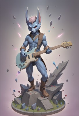 solo,looking at viewer,red eyes,1boy,holding,animal ears,jewelry,standing,full body,flower,male focus,boots,muscular,colored skin,brown footwear,abs,instrument,furry,topless male,rock,blue skin,music,guitar,furry male,playing instrument,electric guitar,blue fur,simple background,pink hair,teeth,pants,artist name,grey background,necklace,bracelet,sparkle,watermark,muscular male,web address,holding instrument