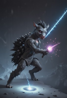 solo,looking at viewer,black hair,red eyes,1boy,holding,animal ears,standing,full body,weapon,male focus,sword,artist name,pink eyes,holding weapon,armor,facial mark,holding sword,furry,furry male,magic circle,black fur,horns,teeth,no humans,spikes,electricity,magic