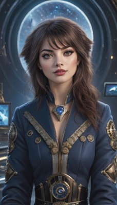 1girl,solo,long hair,breasts,looking at viewer,brown hair,long sleeves,cleavage,brown eyes,jewelry,upper body,signature,necklace,lips,head tilt,makeup,gem,freckles,realistic,nose,planet,bangs,medium breasts,jacket,earrings,parted lips,indoors,window,lipstick,emblem