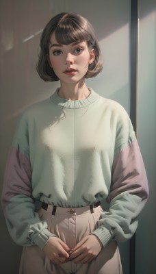 1girl,solo,looking at viewer,short hair,bangs,brown hair,shirt,long sleeves,brown eyes,jewelry,standing,cowboy shot,earrings,parted lips,teeth,pants,indoors,sweater,lips,grey eyes,shadow,sunlight,bob cut,shirt tucked in,high-waist pants,blush,blue eyes,belt,makeup,thick eyebrows,lipstick,realistic,nose,red lips