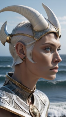 1girl,solo,short hair,blue eyes,jewelry,white hair,earrings,outdoors,parted lips,horns,sky,day,water,armor,blurry,lips,blurry background,ocean,beach,helmet,portrait,freckles,circlet,realistic,nose,stud earrings,fake horns,dark skin,eyelashes,profile