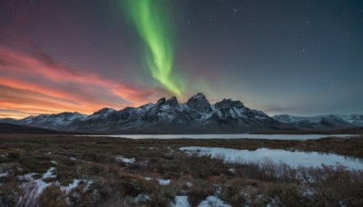 outdoors,sky,cloud,tree,no humans,night,grass,star (sky),nature,night sky,scenery,snow,forest,starry sky,sunset,mountain,landscape,mountainous horizon,pine tree,signature,water,reflection,gradient sky,aurora