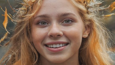 1girl,solo,long hair,looking at viewer,smile,open mouth,blonde hair,jewelry,earrings,teeth,grin,black eyes,lips,grey eyes,portrait,forehead,realistic,brown eyes,eyelashes,close-up,freckles,nose