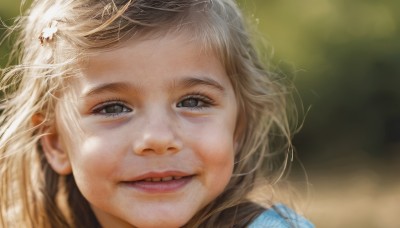 1girl,solo,long hair,looking at viewer,smile,open mouth,blonde hair,brown hair,hair ornament,brown eyes,parted lips,teeth,blurry,lips,grey eyes,depth of field,blurry background,messy hair,portrait,close-up,realistic,nose,eyelashes