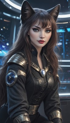 1girl,solo,long hair,breasts,looking at viewer,bangs,brown hair,black hair,gloves,long sleeves,animal ears,brown eyes,sitting,closed mouth,jacket,black gloves,belt,indoors,cat ears,armor,black eyes,lips,animal ear fluff,grey eyes,makeup,lipstick,realistic,nose,red lips,smile,jewelry,medium breasts,upper body,artist name,eyelashes,black pants,shoulder armor,eyeshadow,backlighting