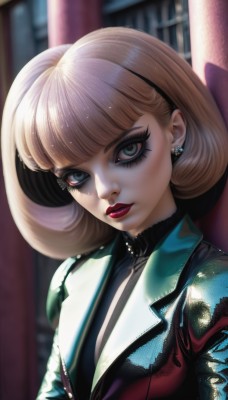 1girl,solo,looking at viewer,short hair,bangs,blue eyes,blonde hair,jewelry,closed mouth,green eyes,jacket,upper body,hairband,earrings,artist name,blunt bangs,medium hair,blurry,lips,eyelashes,makeup,blurry background,bob cut,lipstick,eyeshadow,nose,red lips,eyeliner,mascara,parted lips,shiny,formal,realistic