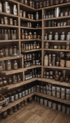 indoors,cup,no humans,bottle,scenery,alcohol,wooden floor,stool,shelf,jar,bar (place),counter,plate,shop,still life