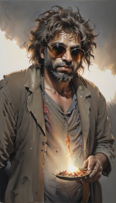 solo,looking at viewer,shirt,black hair,1boy,holding,jewelry,collarbone,jacket,white shirt,upper body,male focus,parted lips,food,open clothes,collared shirt,belt,necklace,open jacket,facial hair,sunglasses,fire,beard,brown jacket,mustache,brown coat,chest hair,embers,burning,glasses,lips,coat,torn clothes,plate,realistic,manly,flame