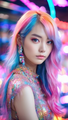 1girl,solo,long hair,breasts,looking at viewer,bangs,blue eyes,jewelry,closed mouth,blue hair,upper body,pink hair,multicolored hair,earrings,sleeveless,blurry,from side,two-tone hair,lips,looking to the side,eyelashes,makeup,depth of field,blurry background,watermark,lipstick,gem,eyeshadow,pink lips,realistic,nose,eyeliner,colorful,mascara,rainbow hair,brown eyes,necklace,see-through,web address,bokeh