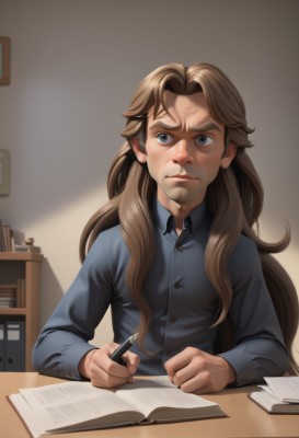 1girl,solo,long hair,blue eyes,brown hair,shirt,long sleeves,1boy,holding,sitting,closed mouth,upper body,male focus,collared shirt,indoors,book,buttons,table,blue shirt,desk,open book,realistic,bookshelf,pen,pencil,holding pen,writing,looking at viewer,bangs,jacket,artist name,blurry,lips,black shirt,dress shirt,chair,thick eyebrows,wing collar,blue jacket,nose,holding pencil