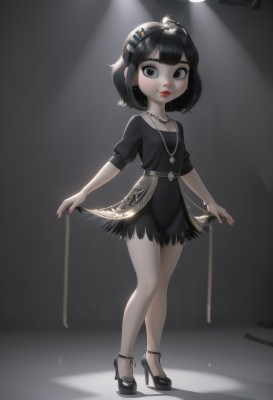 1girl,solo,breasts,looking at viewer,short hair,bangs,black hair,hair ornament,dress,jewelry,closed mouth,standing,collarbone,full body,short sleeves,hairband,earrings,small breasts,parted lips,shoes,puffy sleeves,shiny,necklace,nail polish,black footwear,black eyes,black dress,high heels,shiny hair,puffy short sleeves,lips,grey eyes,eyelashes,bare legs,makeup,shadow,short dress,feathers,lipstick,child,red nails,pendant,skirt hold,red lips,female child,spotlight,smile,artist name