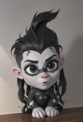 1girl,solo,long hair,looking at viewer,black hair,parted lips,artist name,grey background,black eyes,lips,grey eyes,shadow,colored skin,thick eyebrows,aged down,child,female child,grey skin,black skin,pointy ears,chibi,asymmetrical hair