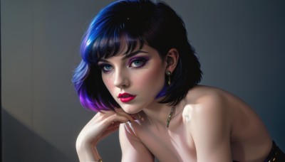 1girl,solo,looking at viewer,short hair,bangs,blue eyes,black hair,dress,bare shoulders,jewelry,blue hair,collarbone,upper body,purple hair,multicolored hair,earrings,parted lips,necklace,nail polish,black dress,bracelet,lips,fingernails,eyelashes,strapless,makeup,bob cut,lipstick,strapless dress,eyeshadow,pink lips,realistic,nose,red lips,eyeliner,mascara,artist name,signature,long fingernails,head rest,purple nails