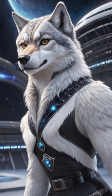 solo,1boy,animal ears,jewelry,yellow eyes,upper body,male focus,outdoors,sky,belt,artist name,signature,vest,no humans,night,watermark,scar,moon,looking up,brooch,gem,star (sky),night sky,scar on face,furry,starry sky,colored sclera,black belt,furry female,space,furry male,body fur,white fur,planet,animal nose,wolf,black fur,grey fur,looking at viewer,teeth,necklace,fur trim,wolf ears,pendant,earth (planet)