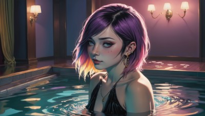 1girl,solo,breasts,looking at viewer,blush,short hair,bangs,blue eyes,blonde hair,cleavage,bare shoulders,jewelry,closed mouth,collarbone,swimsuit,upper body,pink hair,purple hair,bikini,multicolored hair,earrings,small breasts,indoors,medium hair,water,necklace,mole,two-tone hair,lips,wet,mole under eye,window,gradient hair,makeup,piercing,lipstick,curtains,ear piercing,eyeshadow,partially submerged,freckles,hoop earrings,nose,red lips,pool,lamp,candle,bathing,bathtub,mascara,nose piercing,black hair,dress,black dress,eyelashes,swept bangs,realistic,eyeliner,eyebrow piercing