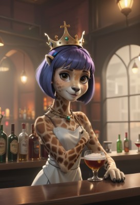 1girl,solo,breasts,looking at viewer,smile,short hair,bangs,dress,animal ears,bare shoulders,brown eyes,jewelry,closed mouth,blue hair,upper body,purple hair,small breasts,sleeveless,indoors,blunt bangs,necklace,white dress,blurry,cup,fingernails,bare arms,window,sleeveless dress,depth of field,blurry background,table,bob cut,bottle,crown,hand on own chest,furry,alcohol,drinking glass,furry female,sharp fingernails,spaghetti strap,wine glass,body fur,animal nose,wine,wine bottle,snout,bar (place),blush,collarbone,colored skin,black nails,candle