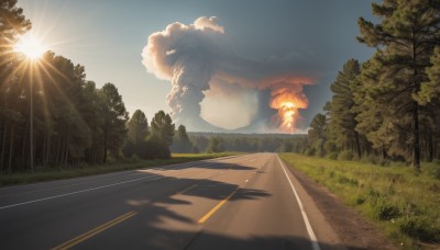 outdoors,sky,day,cloud,tree,no humans,shadow,sunlight,grass,fire,nature,scenery,forest,smoke,sun,road,bush,explosion,flower,blue sky,mountain